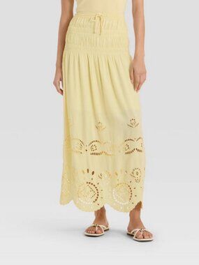 High-RIse Embroidered Eyelet Drop Waist A-Line Skirt -Future Collective Yellow S